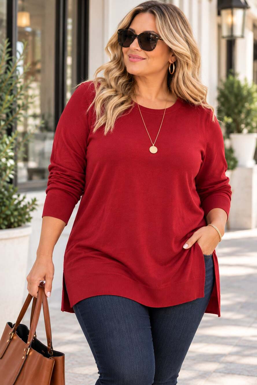 J Jill Women’s Garnet Red Long Tunic Sweater Size L Side Slits NWT